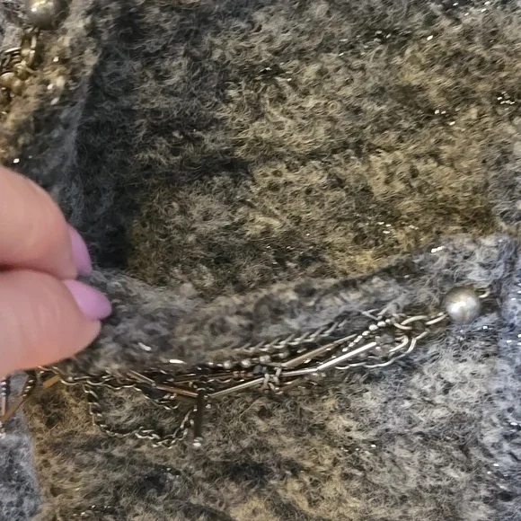 RARE Gray Metallic Accent Cardigan Sweater with Feather Accent Trim - Picture 15 of 16